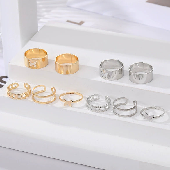 Alloy Geometric Butterfly Hollow Chain Ring Set Electroplated Unisex