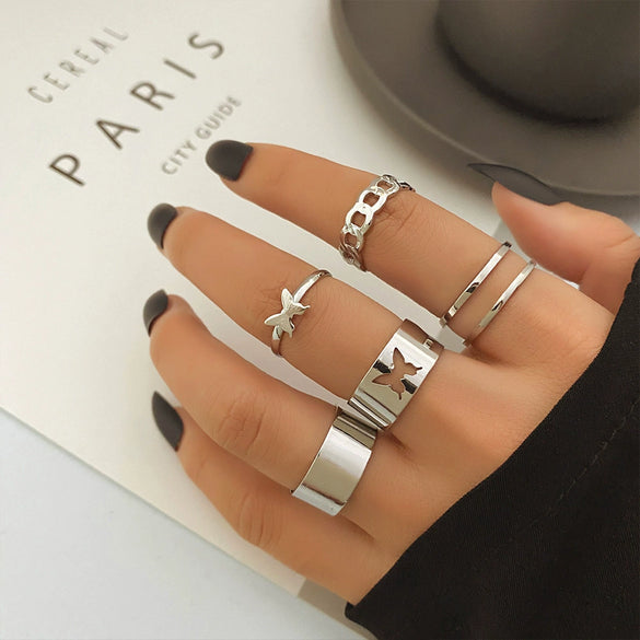 Alloy Geometric Butterfly Hollow Chain Ring Set Electroplated Unisex