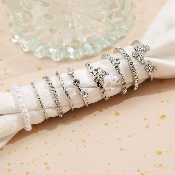 Alloy Geometric Butterfly Pearl Ring Electroplating Unisex 9Piece Set