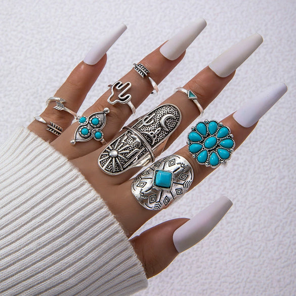 Alloy Geometric Carved Feather Women's Retro Ring Set With Electroplating