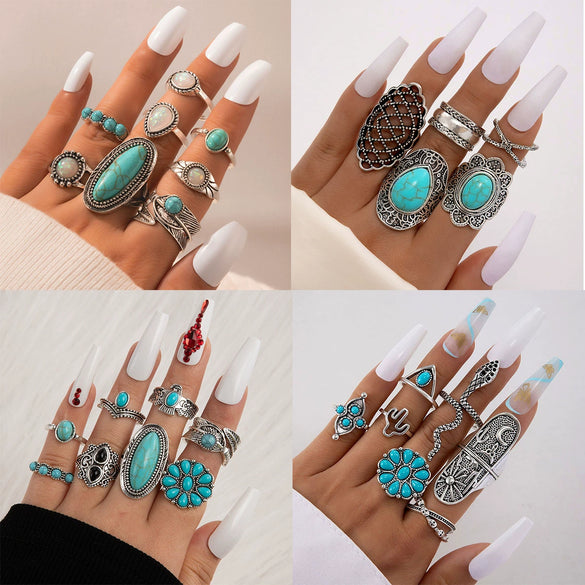 Alloy Geometric Carved Feather Women's Retro Ring Set With Electroplating