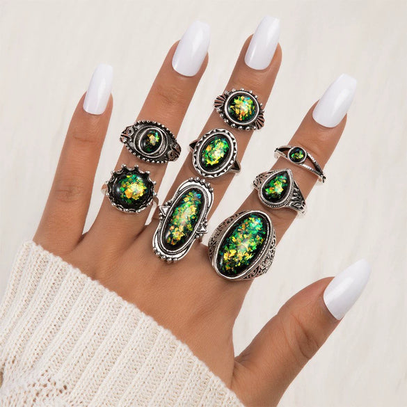 Alloy Geometric Carved Feather Women's Retro Ring Set With Electroplating