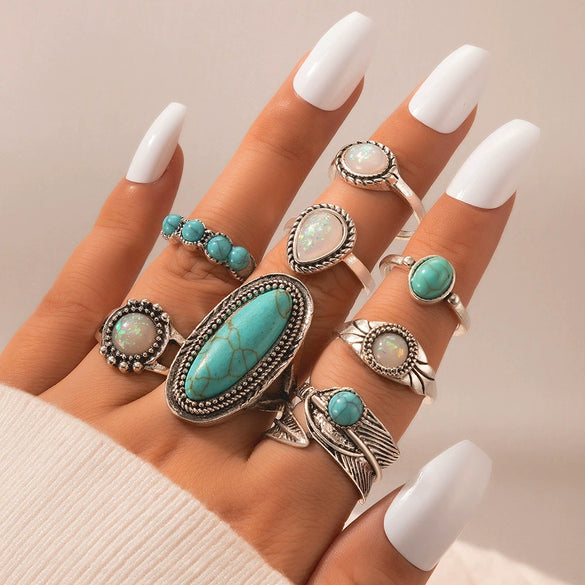 Alloy Geometric Carved Feather Women's Retro Ring Set With Electroplating
