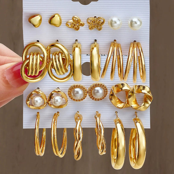 Alloy Geometric Circle Pearl Butterfly Exaggerated Twisted Women Earrings Electroplated