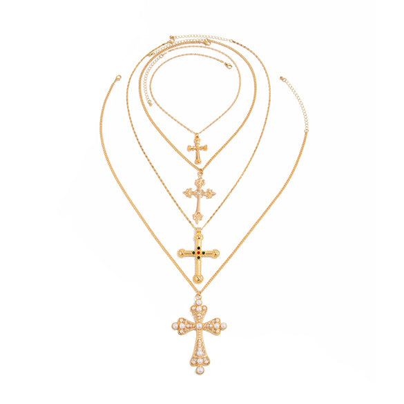Alloy Geometric Cross Inlaid Pearl Pendant Necklace With Electroplating Metal Chain Unisex