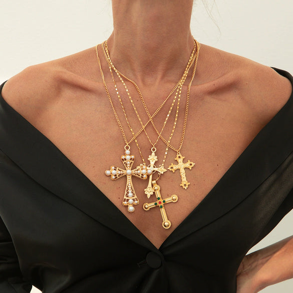 Alloy Geometric Cross Inlaid Pearl Pendant Necklace With Electroplating Metal Chain Unisex