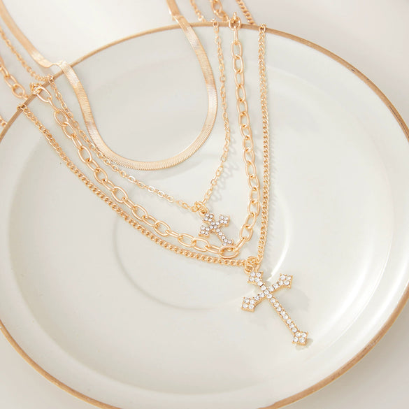 Alloy Geometric Cross Pendant Necklace With Snake Bone Chain Electroplating Hiphop Design For Women