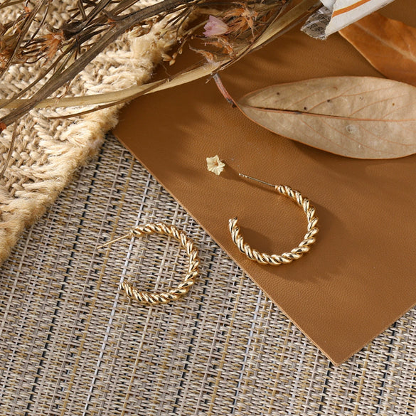 Alloy Geometric Cshaped Twisted Golden Plain Loop Earrings For Women