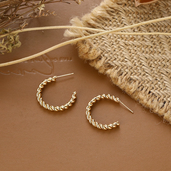 Alloy Geometric Cshaped Twisted Golden Plain Loop Earrings For Women