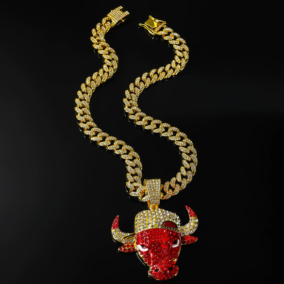 Alloy Geometric Diamond Bull Head Pendant Men's Cuban Chain Necklace Accessories