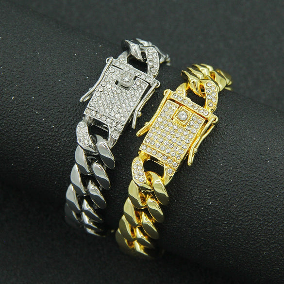Alloy Geometric Diamond Hiphop Rap Cuban Chain Bracelet For Men