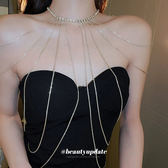 Alloy Geometric Diamondembedded Long Necklace With Exaggerated Tassel Shoulder Chain For Women
