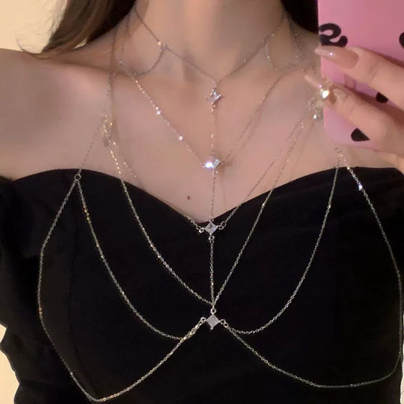 Alloy Geometric Diamondembedded Long Necklace With Exaggerated Tassel Shoulder Chain For Women