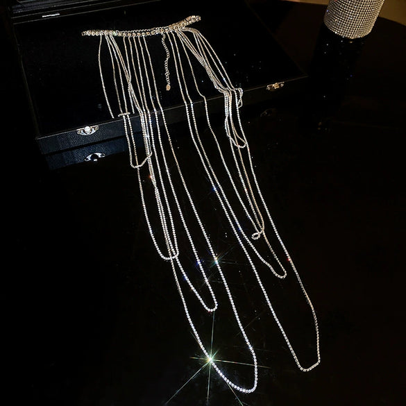 Alloy Geometric Diamondembedded Long Necklace With Exaggerated Tassel Shoulder Chain For Women