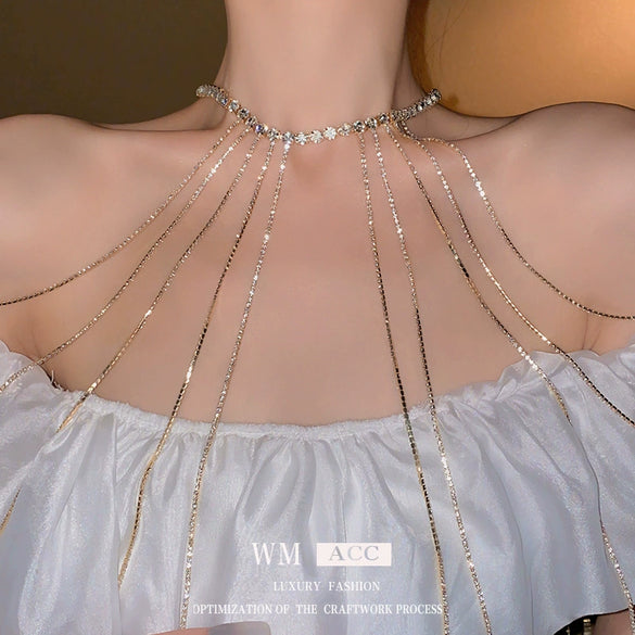 Alloy Geometric Diamondembedded Tassel Long Clavicle Chain Necklace For Women Electroplated Fashion Niche Style
