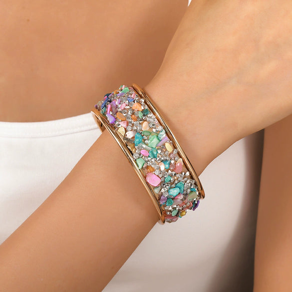 Alloy Geometric Diamondencrusted Electroplated Multilayered Glossy Cut Out Open Bracelet For Unisex