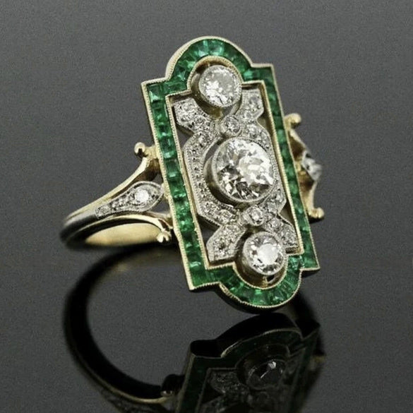 Alloy Geometric Engagement Ring And Finger Ring With Emerald Zircon Electroplating