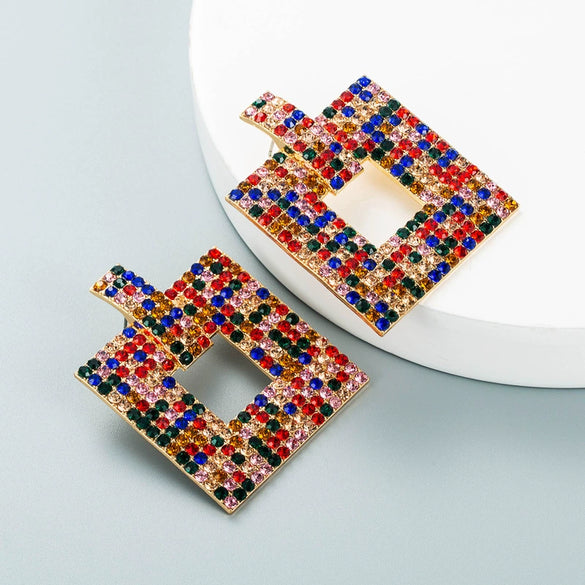 Alloy Geometric Hollow Square Earrings With Colorful Rhinestone Embellishment And Full Crystal Sparkle