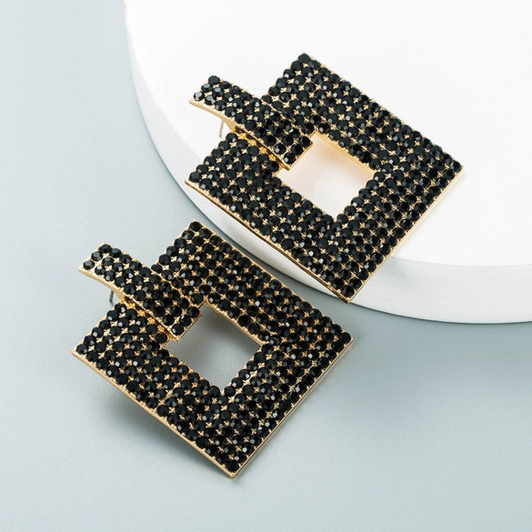 Alloy Geometric Hollow Square Earrings With Colorful Rhinestone Embellishment And Full Crystal Sparkle