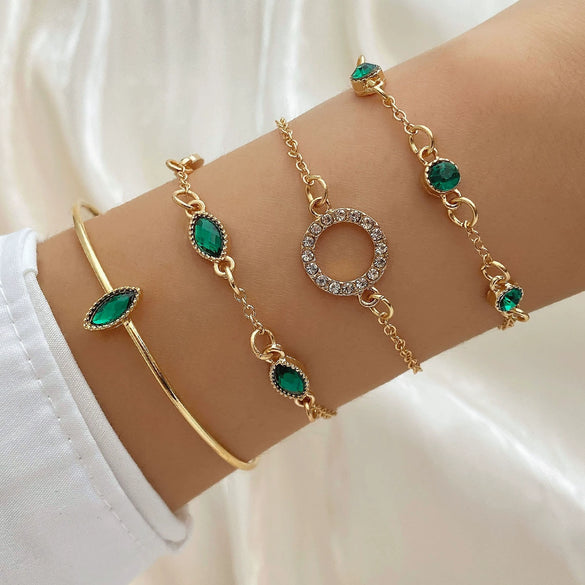 Alloy Geometric Imitation Emerald Diamond Women's Bracelet Four Piece Set