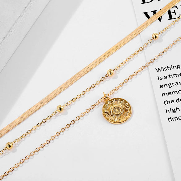 Alloy Geometric Multilayer Lotus Pendant Necklace For Women With Electroplated Blade Chain