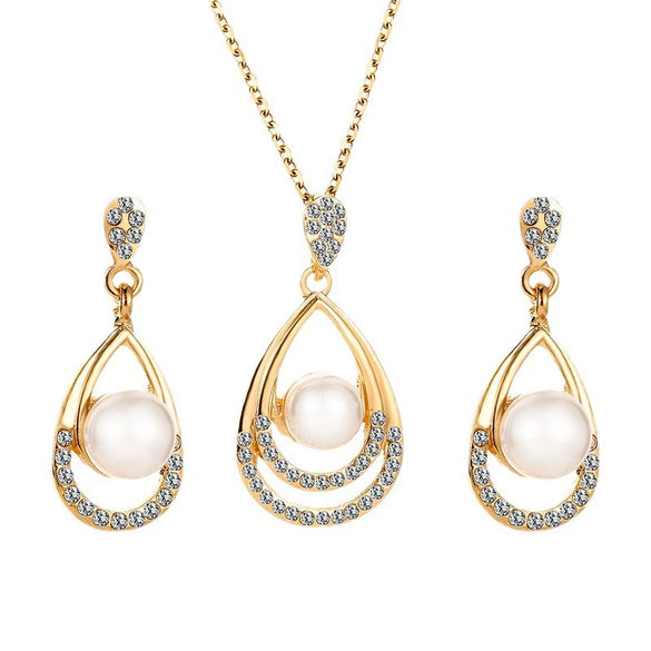 Alloy Geometric Pearl Jewelry Set With Cross Chain For Women Electroplated Necklace And Earrings Twopiece Set