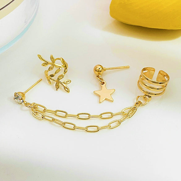 Alloy Geometric Round Star Long Chain Electroplated Women's Ear Clip Earrings