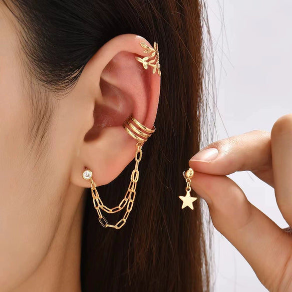 Alloy Geometric Round Star Long Chain Electroplated Women's Ear Clip Earrings