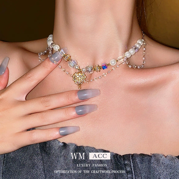 Alloy Geometric Square Diamondembedded Light Luxury Style Necklace For Women Electroplated