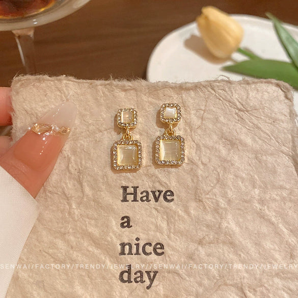 Alloy Geometric Square Earrings For Women With Cat's Eye Stone And Sparkling Diamond Electroplated Light Luxury Highend