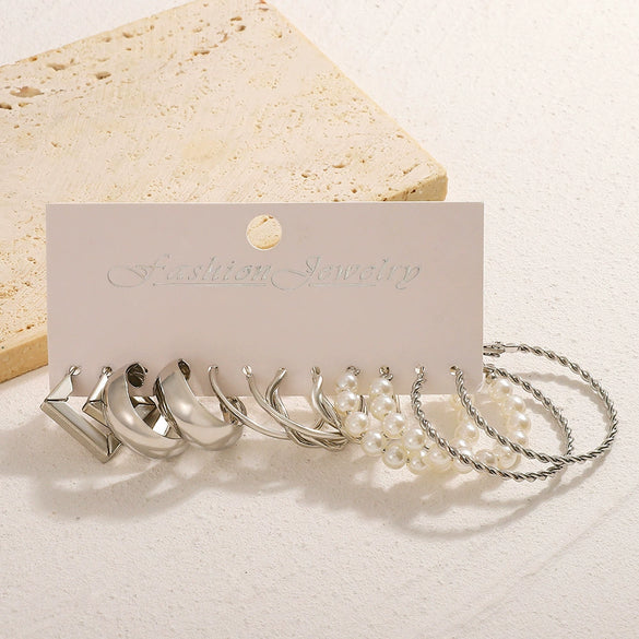 Alloy Geometric Square Earrings Set With Electroplating Simple Retro Pearl Style For Women