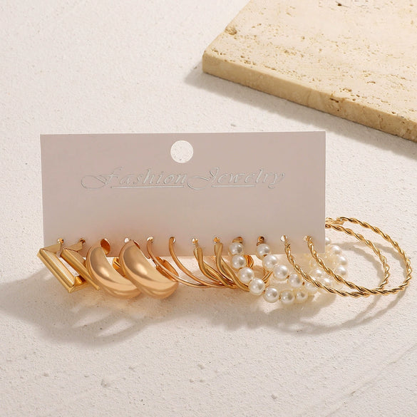 Alloy Geometric Square Earrings Set With Electroplating Simple Retro Pearl Style For Women