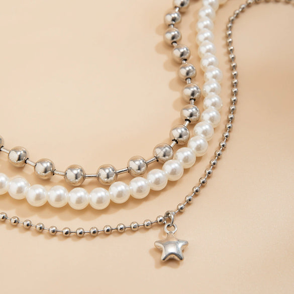 Alloy Geometric Style Imitation Pearl Necklace With Star Pendant And Electroplating