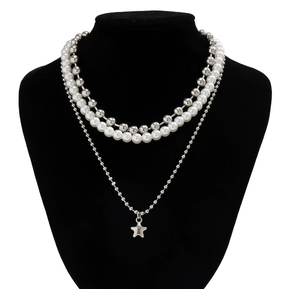 Alloy Geometric Style Imitation Pearl Necklace With Star Pendant And Electroplating