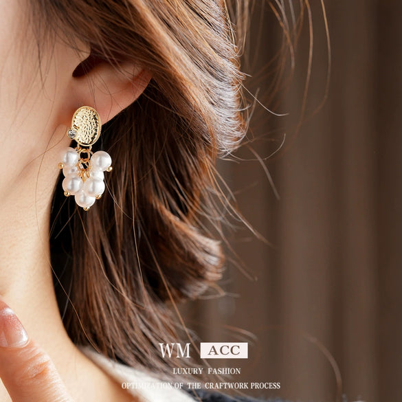Alloy Geometric Tassel Pearl Earrings Set With Diamonds For Women Real Gold Electroplated Highend