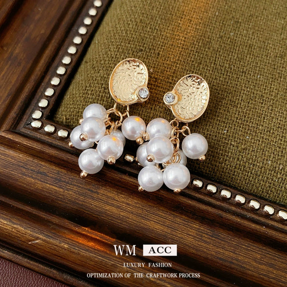 Alloy Geometric Tassel Pearl Earrings Set With Diamonds For Women Real Gold Electroplated Highend