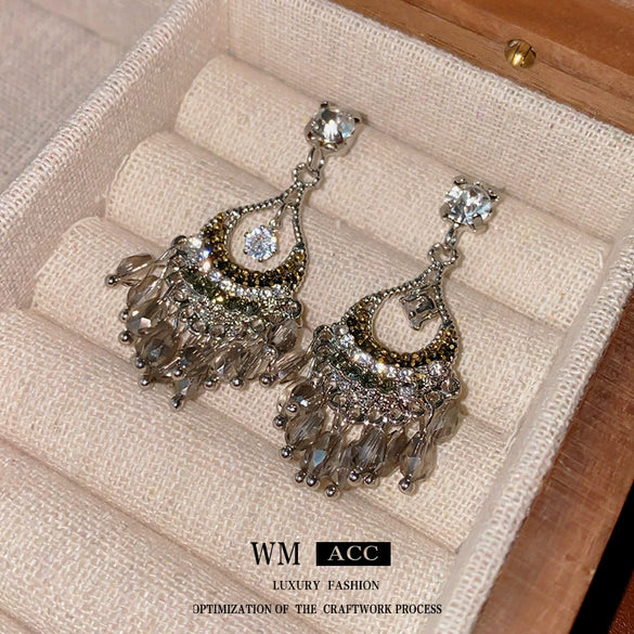 Alloy Geometric Water Drop Hollow Tassel Earrings Retro Style Electroplating For Women
