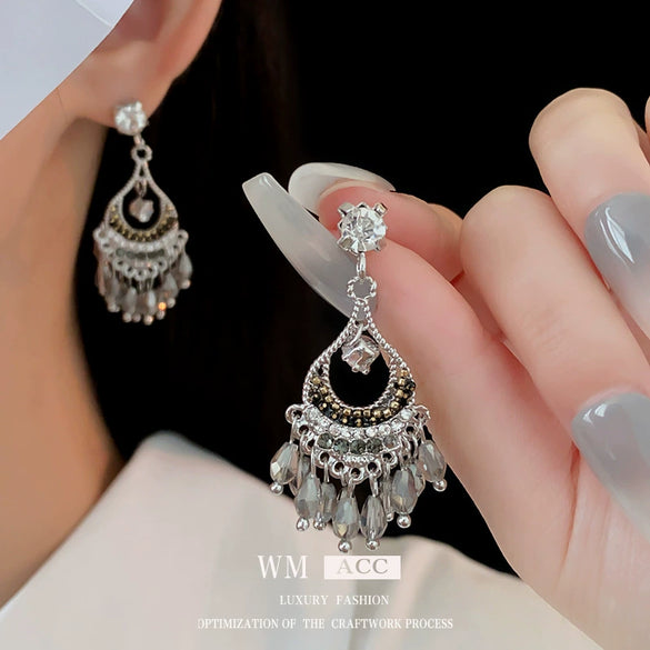 Alloy Geometric Water Drop Hollow Tassel Earrings Retro Style Electroplating For Women