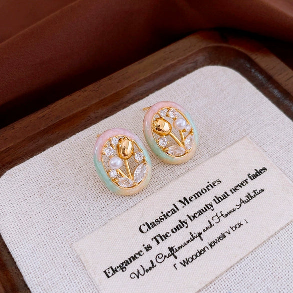 Alloy Geometric Women's Earrings With Oil Drop And Flower Design Light Luxury Style