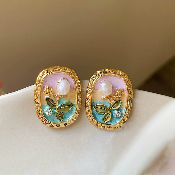 Alloy Geometric Women's Earrings With Oil Drop And Flower Design Light Luxury Style