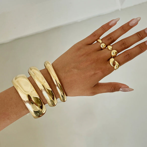 Alloy Glossy Plain Geometric Wide Bracelet And Ring Set For Women With Electroplating