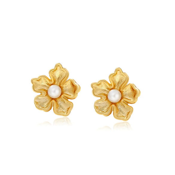 Alloy Gold Plated Imitation Pearl Flower Earrings For Women French Retro Style
