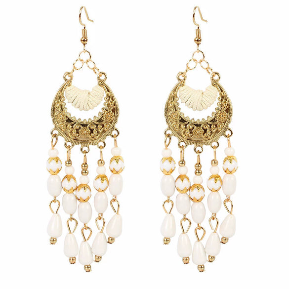 Alloy Gold Plated Women's Bohemian Style Water Drops Tassel And Crescent Earrings