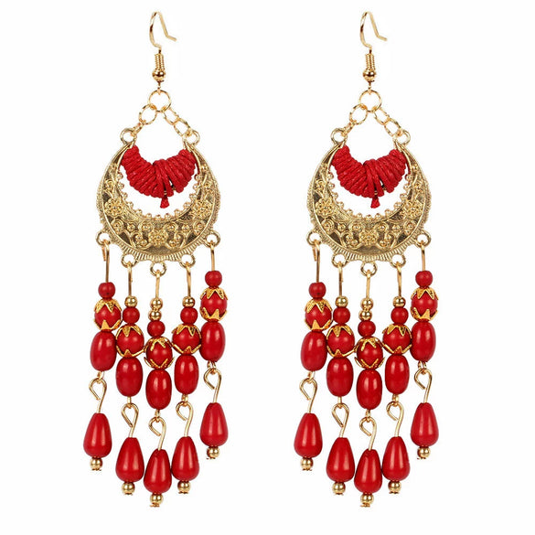 Alloy Gold Plated Women's Bohemian Style Water Drops Tassel And Crescent Earrings