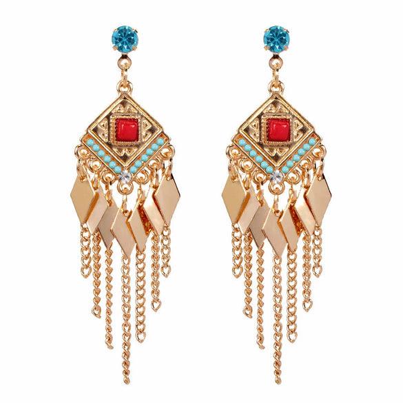 Alloy Gold Plated Women's Bohemian Style Water Drops Tassel And Crescent Earrings