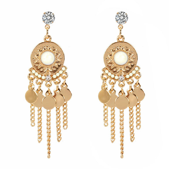 Alloy Gold Plated Women's Bohemian Style Water Drops Tassel And Crescent Earrings