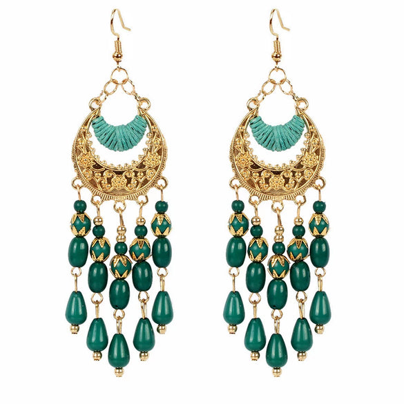 Alloy Gold Plated Women's Bohemian Style Water Drops Tassel And Crescent Earrings