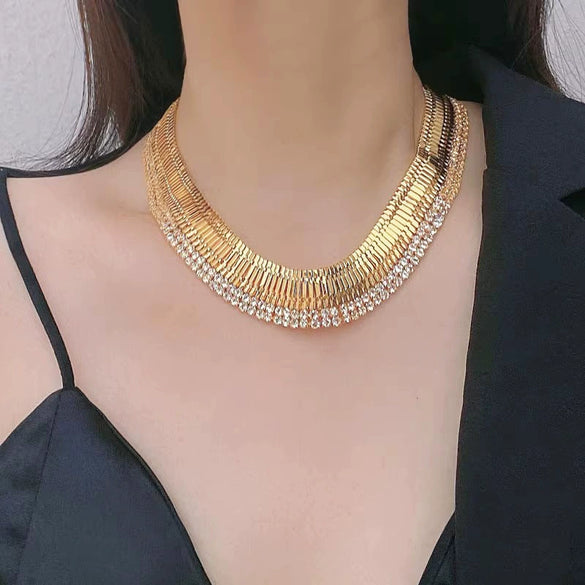 Alloy Gold Strap Diamond Necklace Mid Ancient Vintage Choker For Women