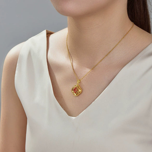 Alloy Goldplated Dripping Oil Hollow Filigree Pendant Necklace For Women
