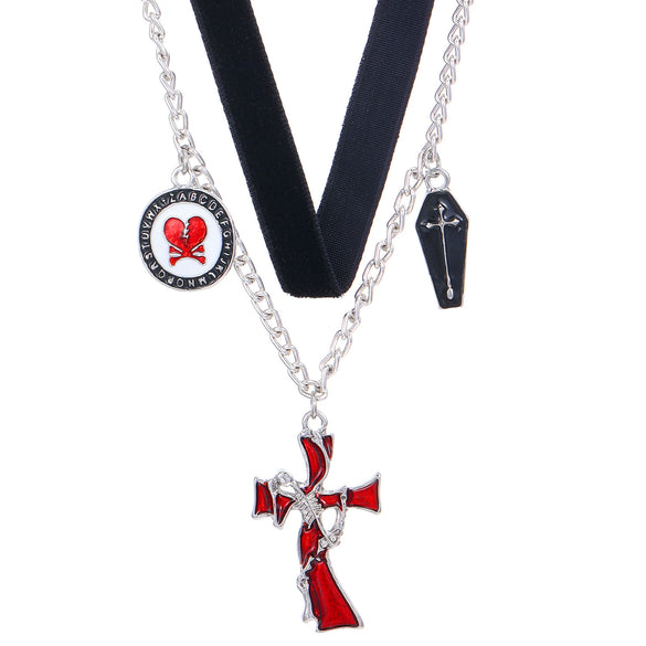 Alloy Gothic Skull Cross Pendant Double Layer Women's Necklace With Geometric Pattern And Electroplating